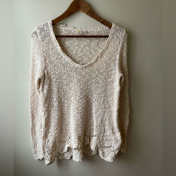 𝅺anthropologie yellow bird Soft Slub loose Knit V Neck Sweater extra small - Picture 1 of 9